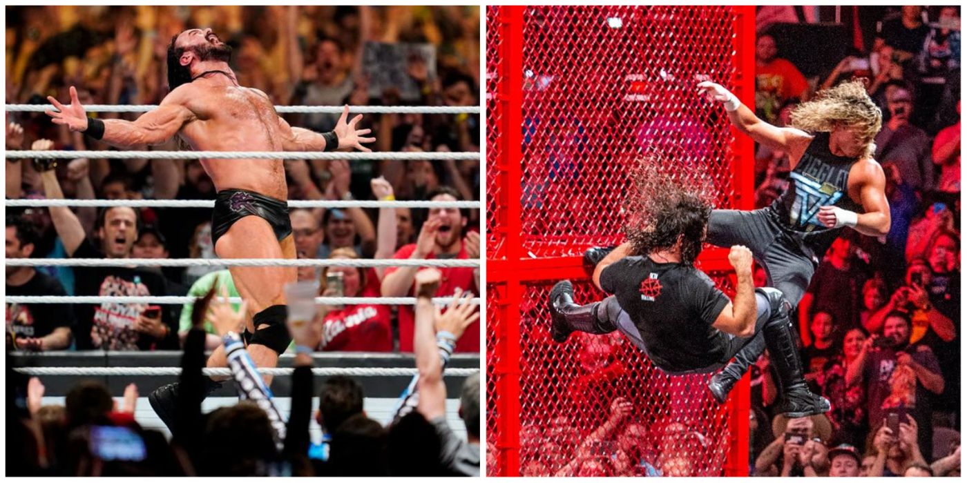 drew mcintyre, and dolph ziggler and seth rollins falling off a cell