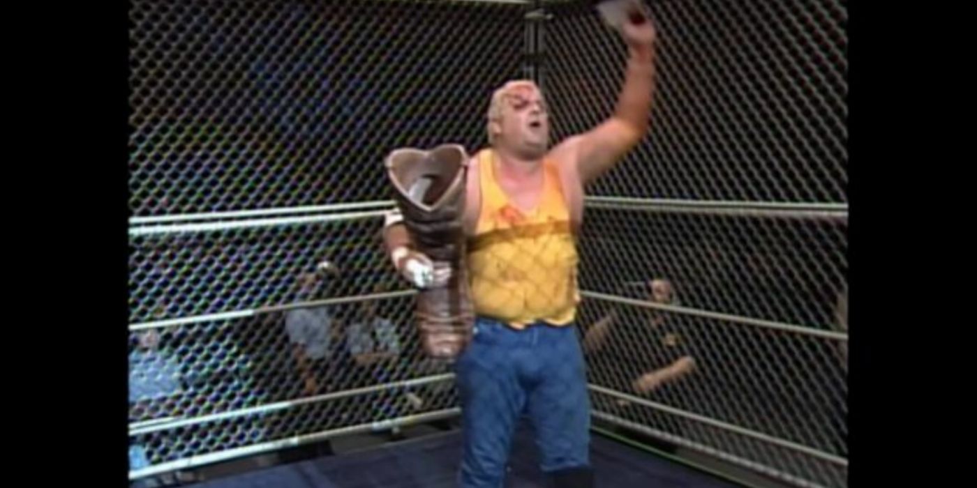 Dusty celebrating after winning bunkhouse stampede in 1988