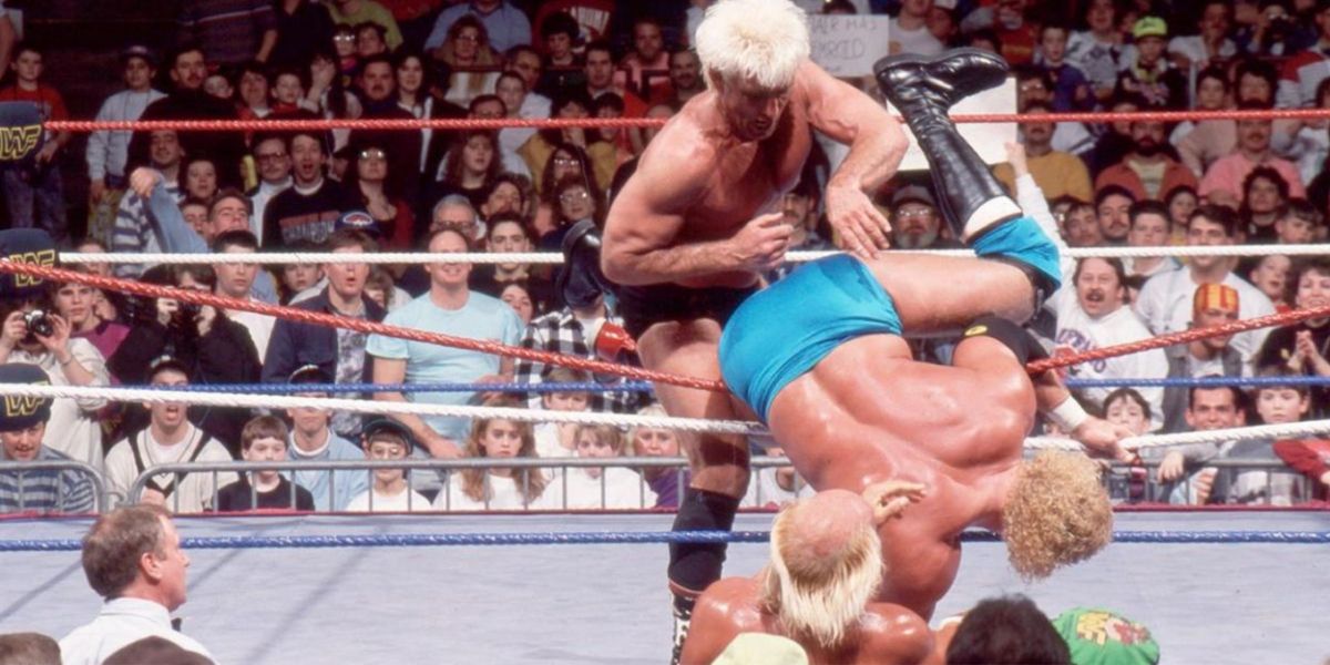 Hulk Hogan helping Ric Flair dump Sid Justice over the top rope