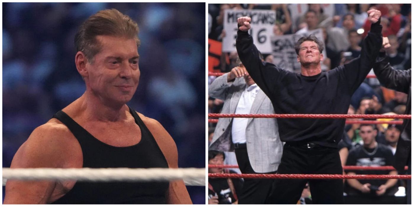 vince mcmahon smiling, and having his hand raised