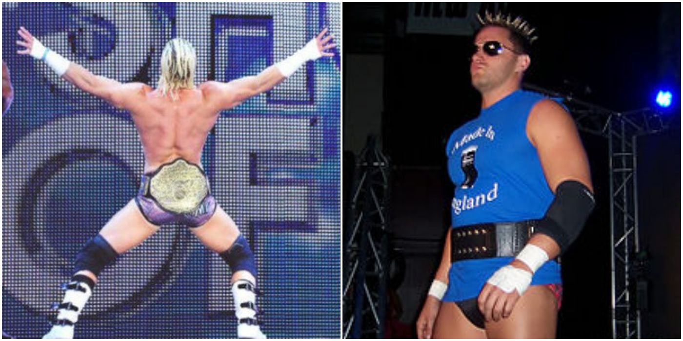 Dolph Ziggler and Nigel McGuiness wearing their titles backwards
