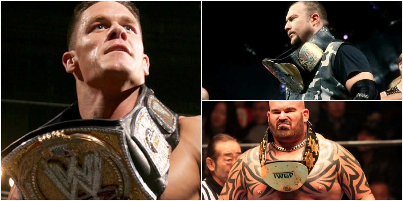 John Cena, Bubba Ray Dudley, and Giant Bernard with Championships around their necks