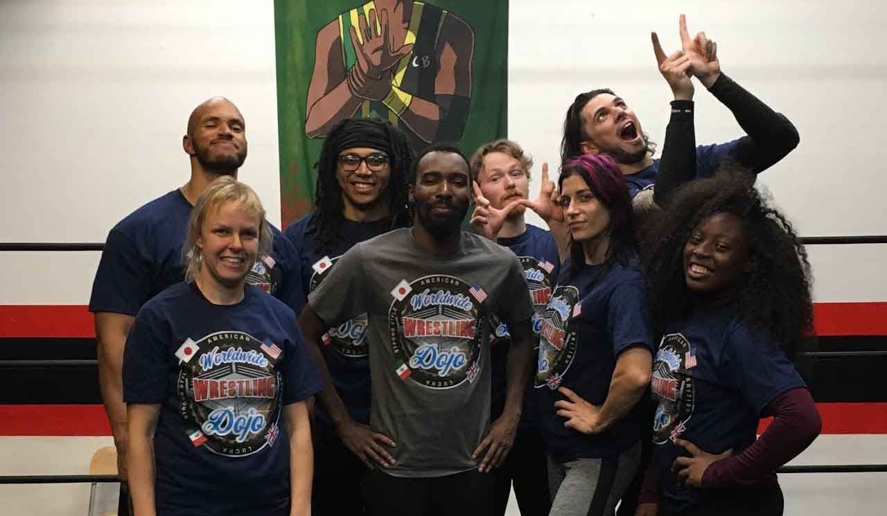 Cheeseburger and his students at the Worldwide Wrestling Dojo