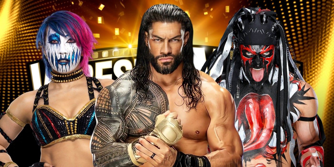 asuka roman reigns and demon finn balor in front of the wrestlemania logo