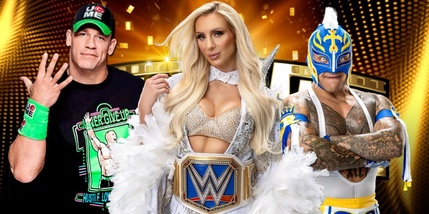 john cena charlotte flair and rey mysterio in front of the wrestlemania logo