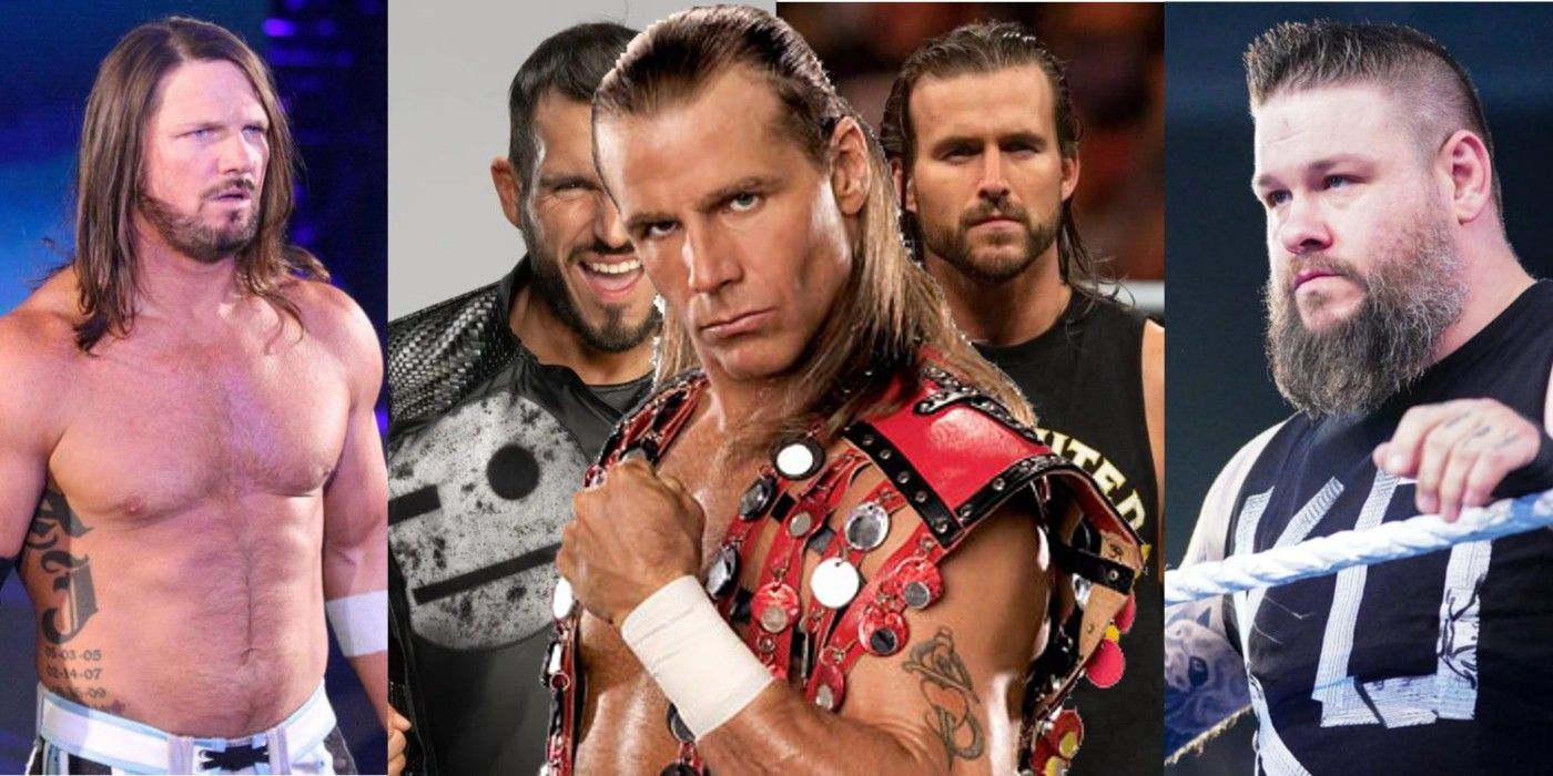 shawn michaels in front of aj styles johnny gargano adam cole and kevin owens