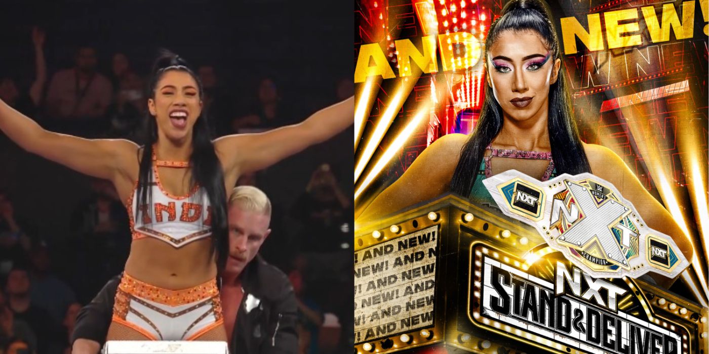 indi hartwell on a ladder and with the nxt women's title
