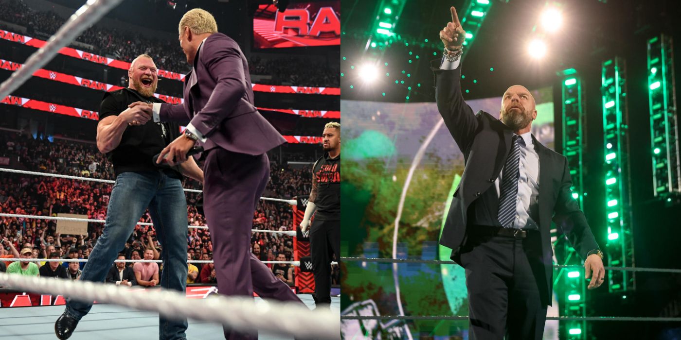 brock lesnar shaking cody rhodes' hand, and triple h pointing
