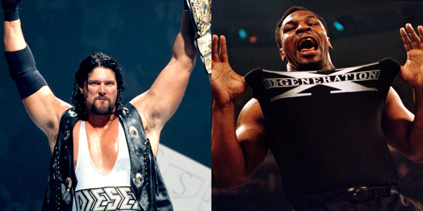 kevin nash holding up the title and mike tyson holding his shirt