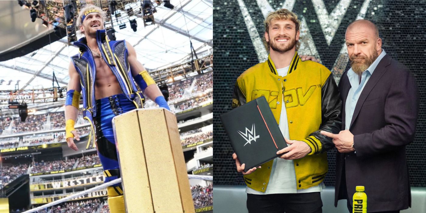 logan paul on the turnbuckle and holding a wwe contract with triple h