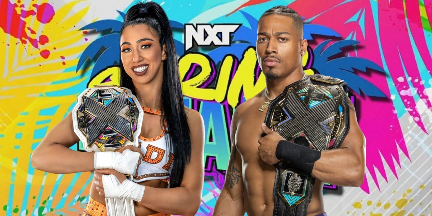 indi hartwell and carmelo hayes in front of the nxt spring breakin logo