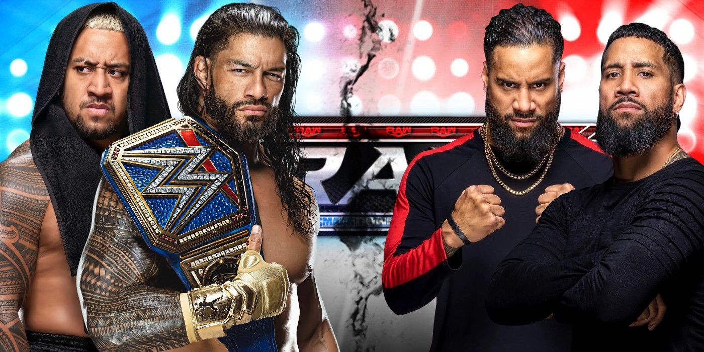 roman reigns solo sikoa and the usos with a crack between them on the wwe draft logo