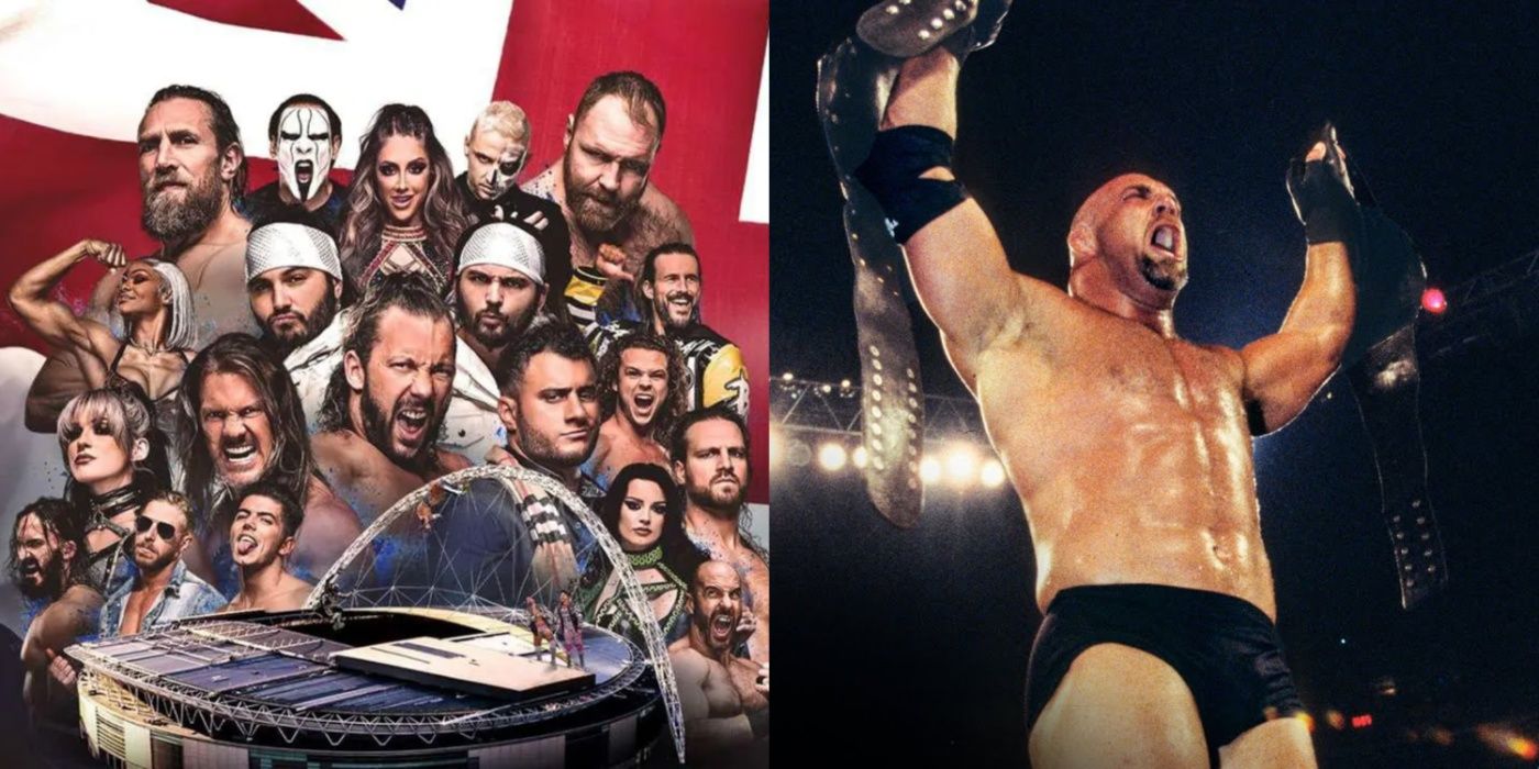 aew wrestlers around wembley and goldberg holding up the wcw title