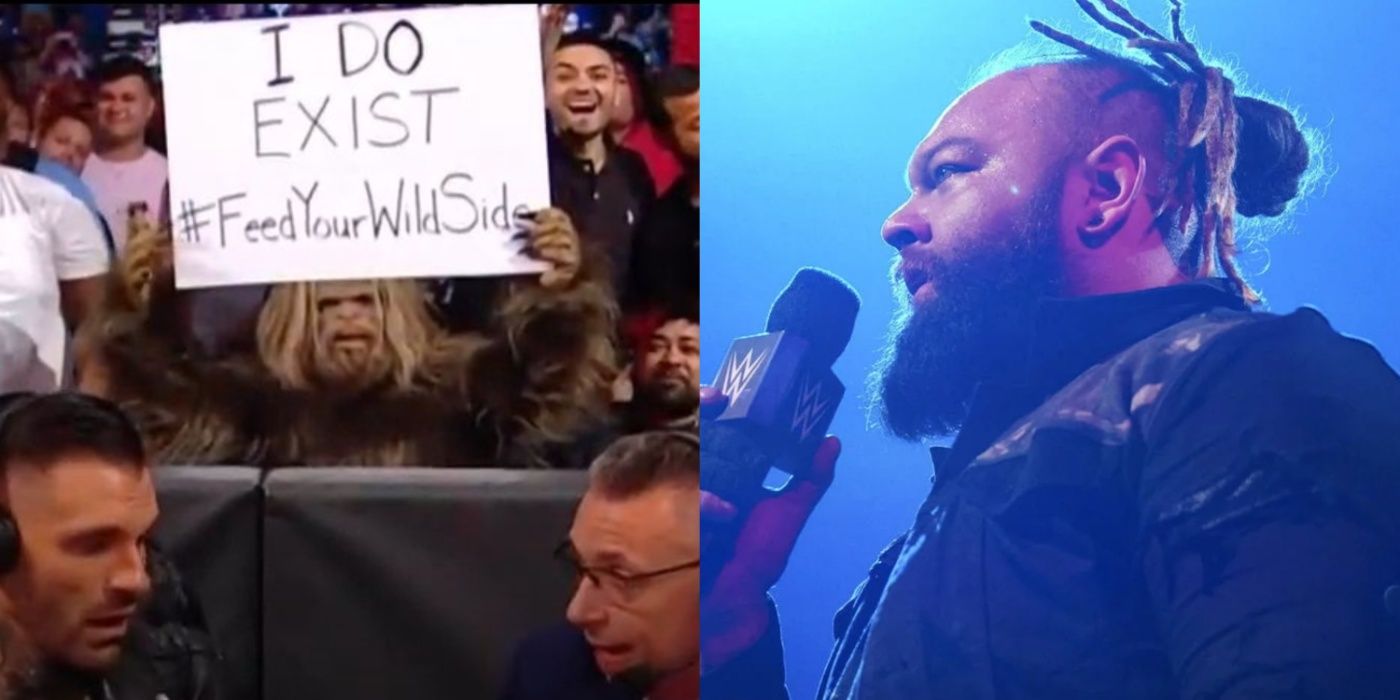 bray wyatt looking at a sasquatch holding a sign in a wwe crowd