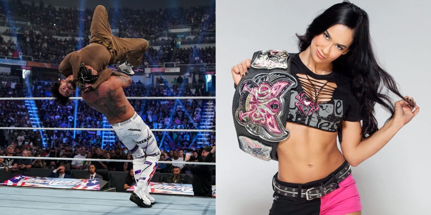 bad bunny hitting sliced bread on damian priest, and aj lee holding the divas title
