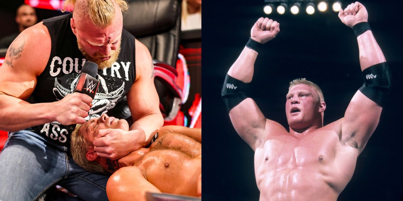 brock lesnar holding cody rhodes face, and with his arms in the air