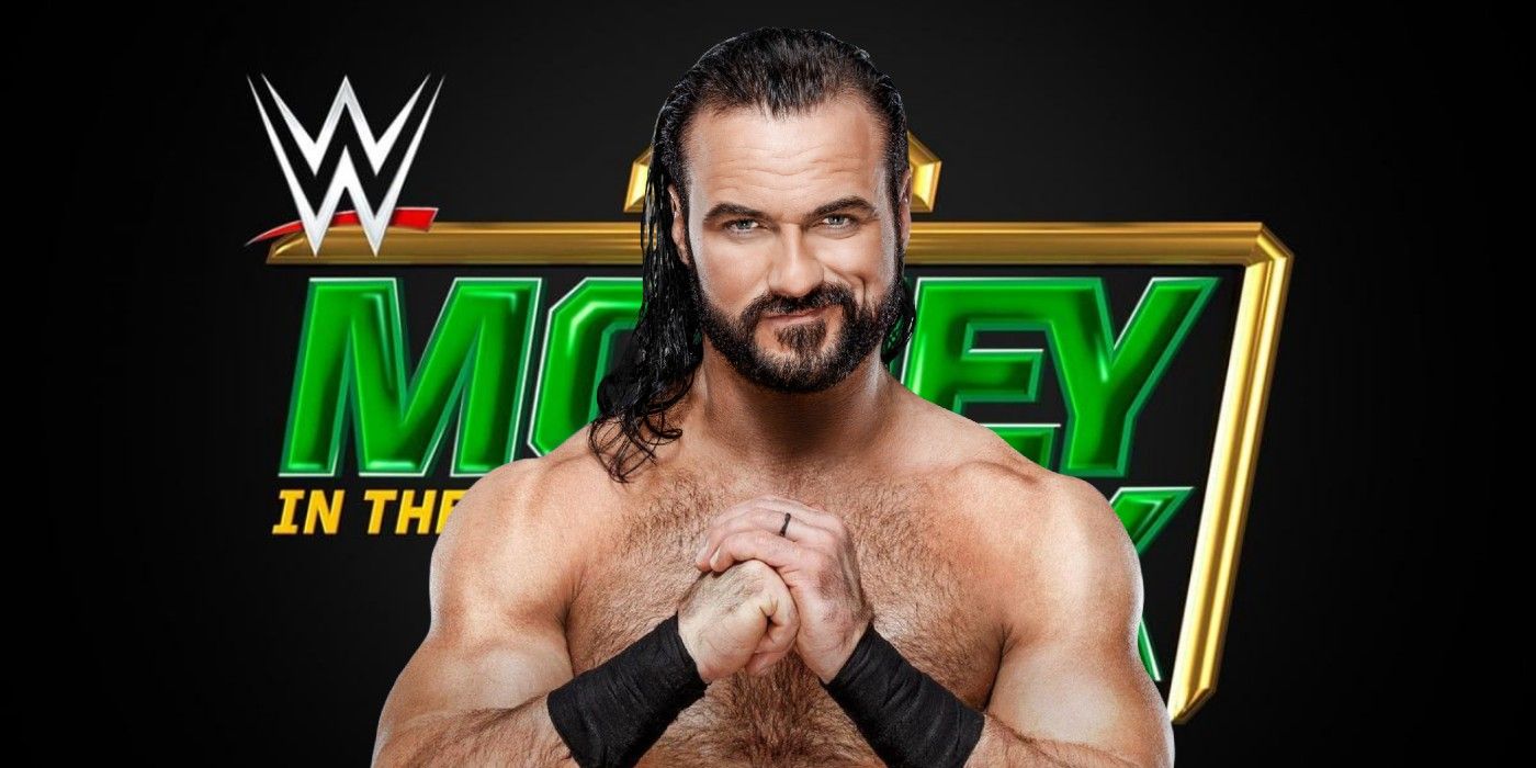 drew mcintyre standing in front of the money in the bank logo