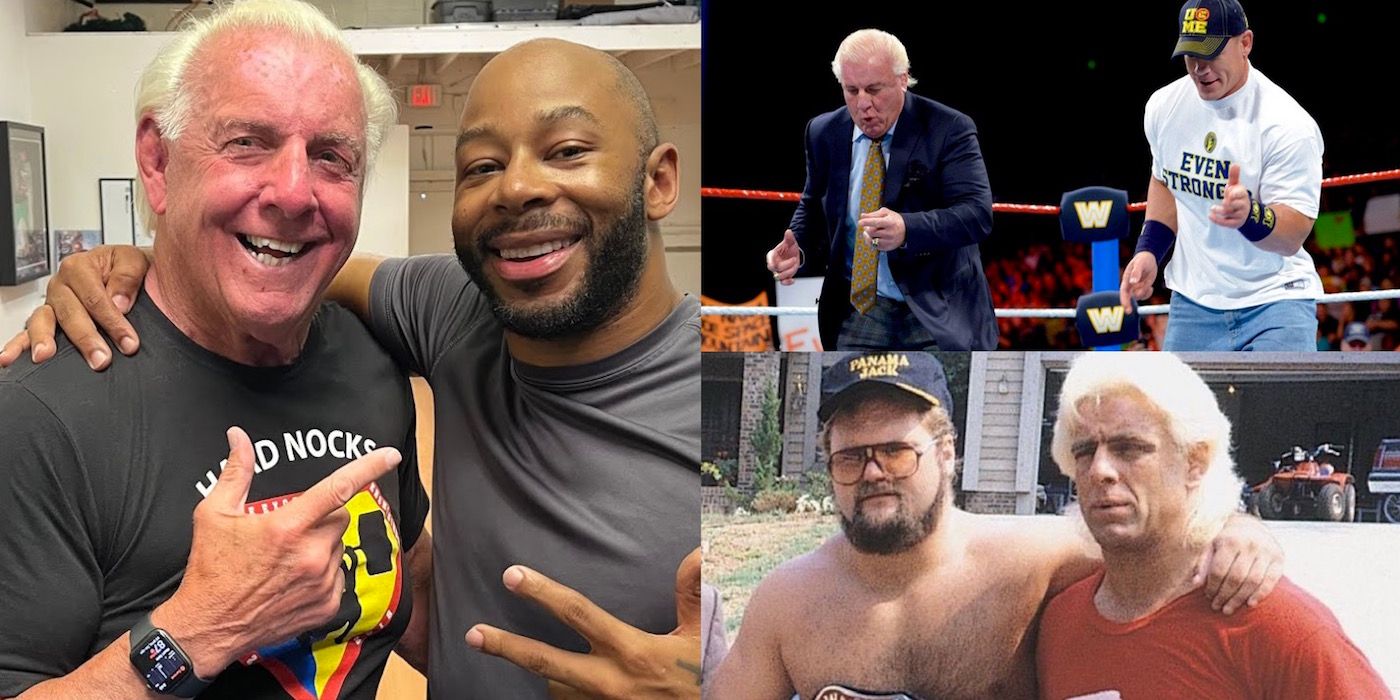 Ric Flair with other wrestlers: Jay Lethal, John Cena, and Arn Anderson