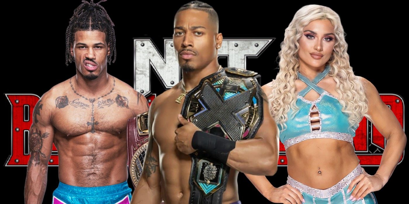 wes lee carmelo hayes and tiffany stratton in front of the nxt battleground logo