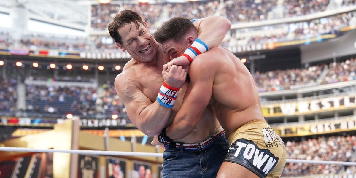 John Cena wrestling Austin Theory at WrestleMania