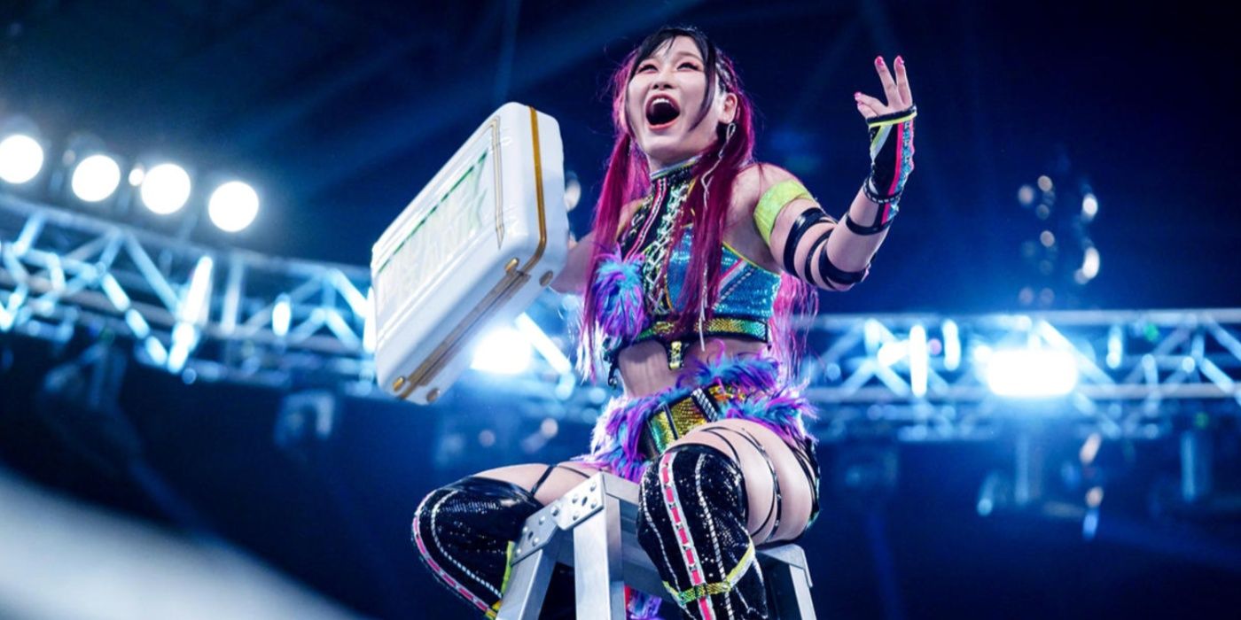 iyo sky sitting on a ladder holding the money in the bank briefcase
