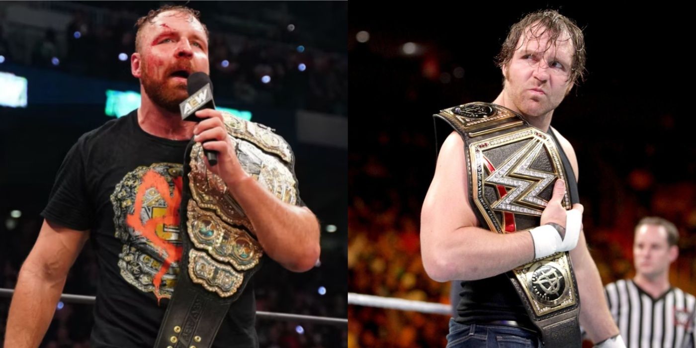 jon moxley with the aew title and dean ambrose with the wwe title