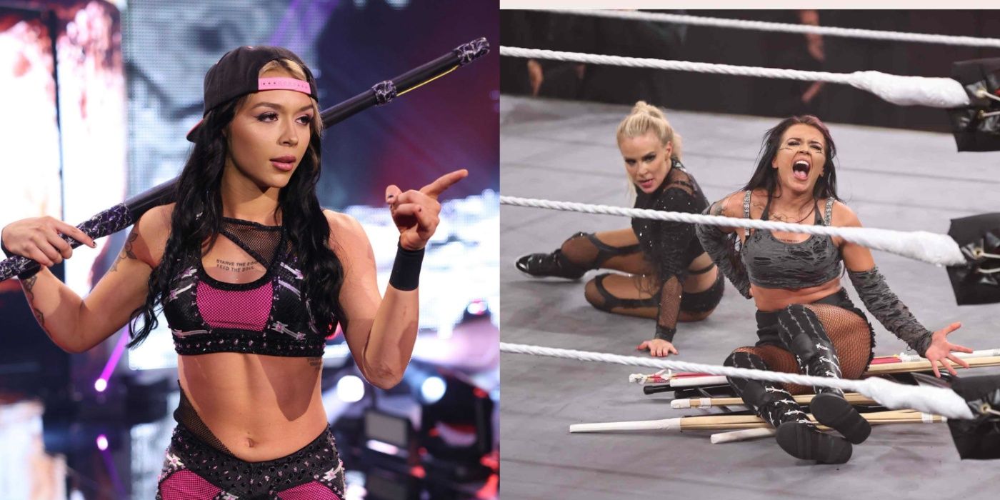 cora jade pointing, and suffering after being hit with a move by dana brooke