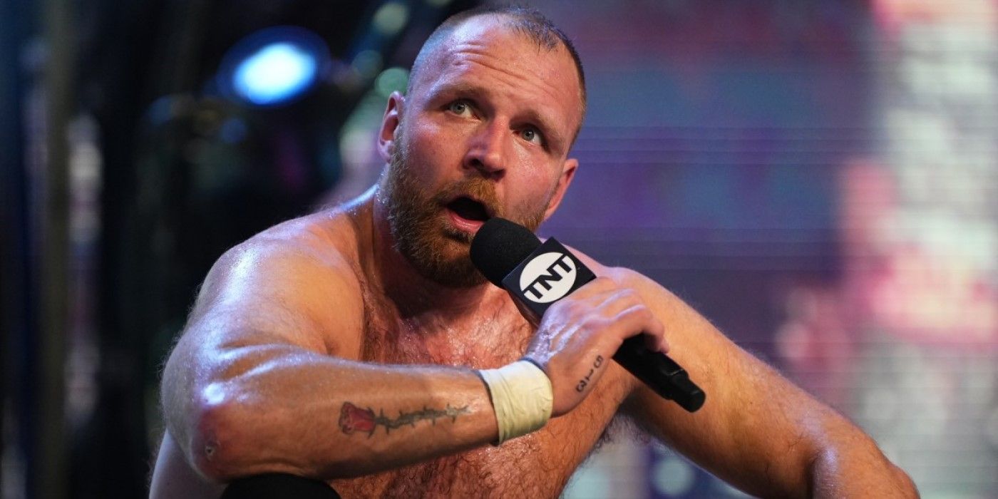 Picture of Jon Moxley cutting a promo in AEW