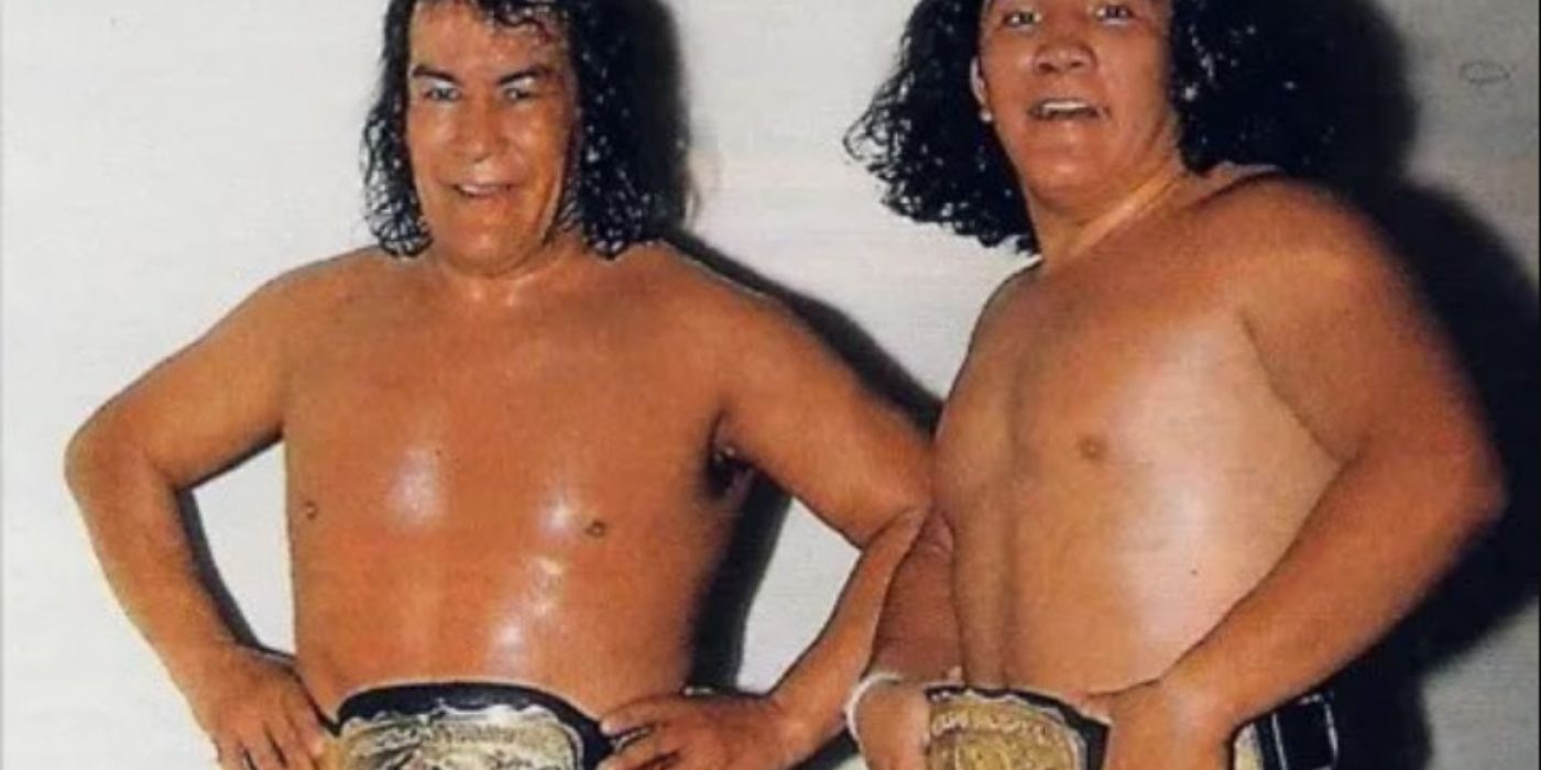 Picture of the first WWF Intercontinental Tag Team Champions Perro Aguayo and Gran Hamada