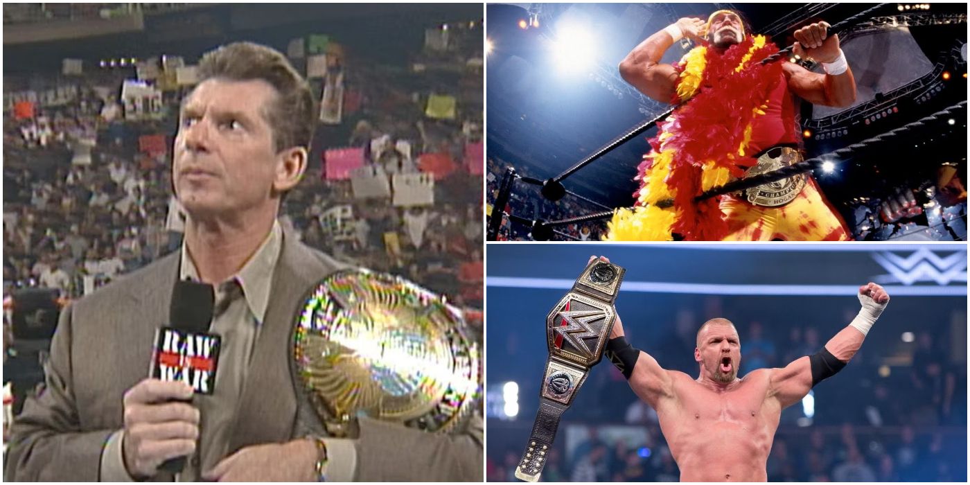 Pictures of Vince McMahon, Hulk Hogan, and Triple H as WWE Champions