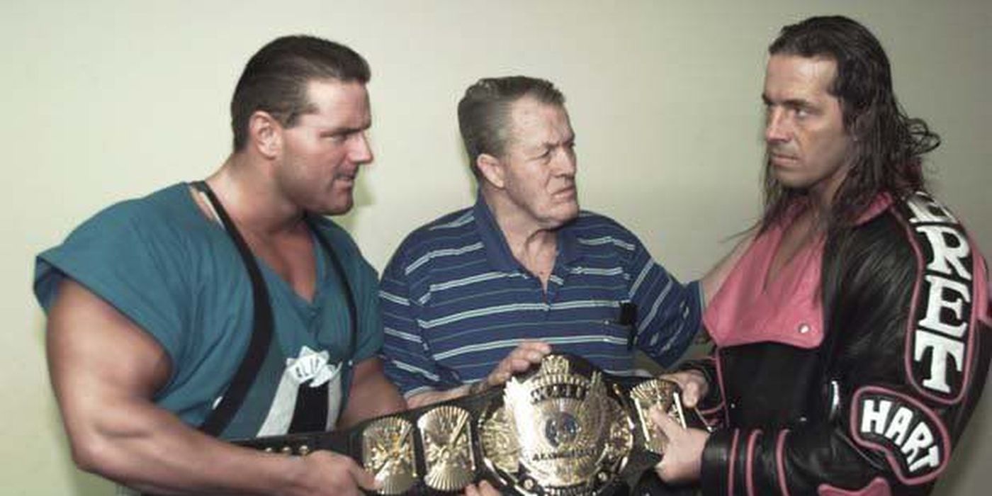 British Bulldog wrestles for title with Stu Hart and Bret Hart