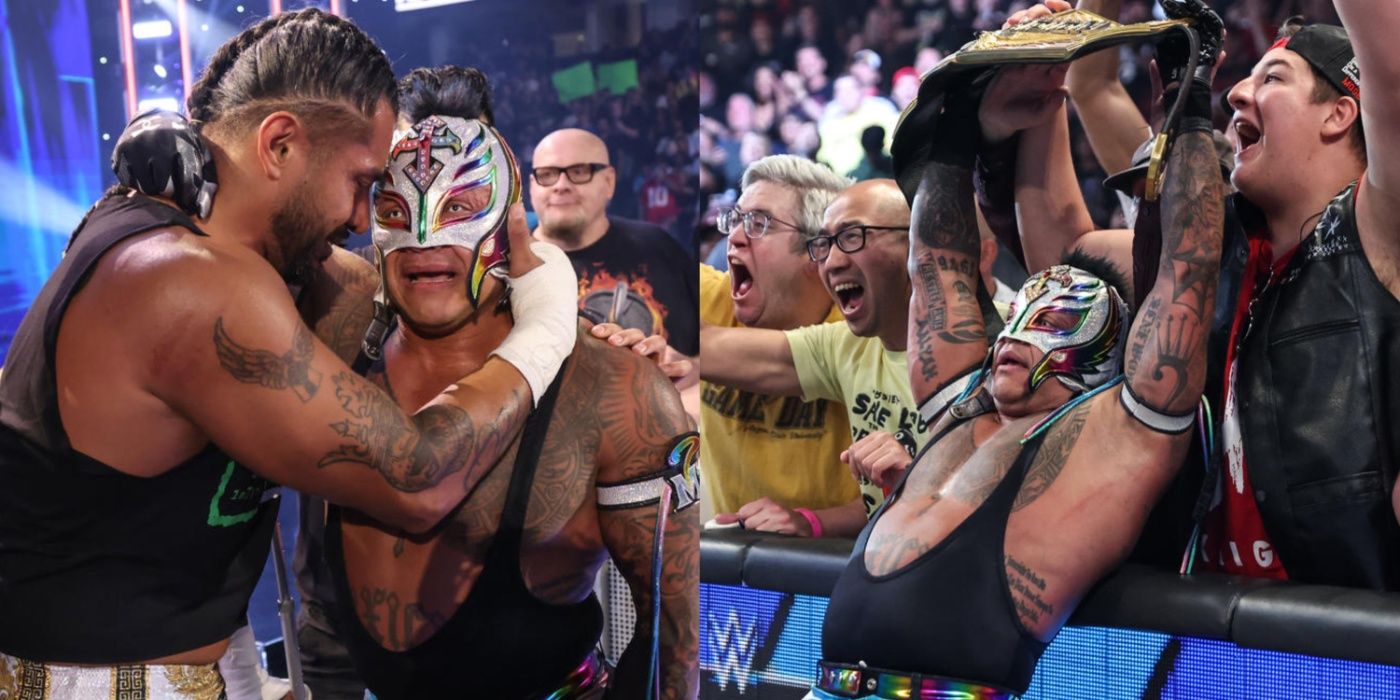 rey mysterio hugging santos escobar and holding up the us title