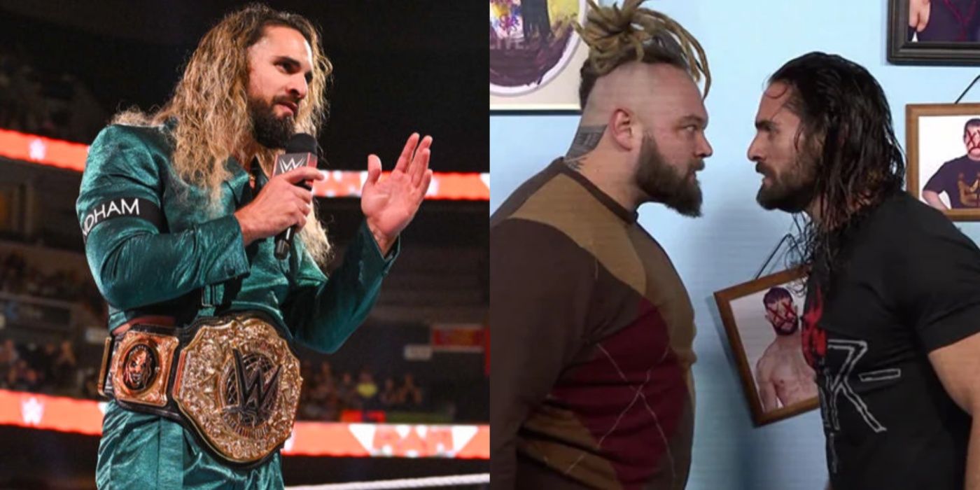 seth rollins wearing the world title, and staring down bray wyatt
