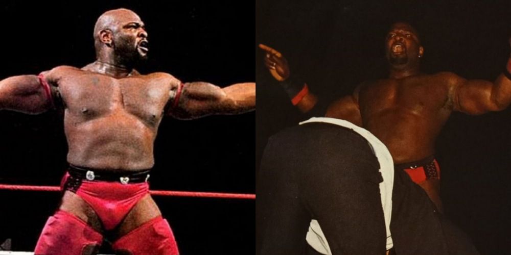 Split screen. Ahmed Johnson setting up the Pearl River Plunge.