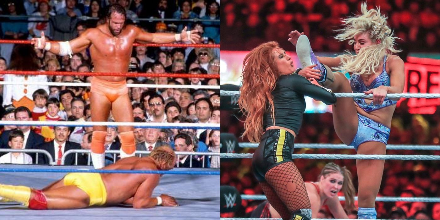 Split screen. Randy Savage taunting Randy Savage. Charlotte Flair kicking Becky Lynch in the face.