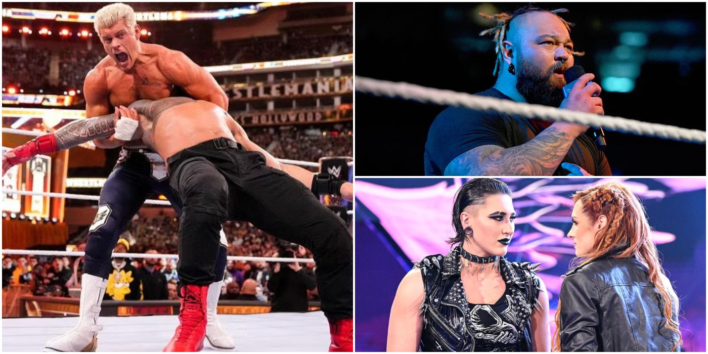 Pictures of Cody Rhodes, Roman Reigns, Bray Wyatt, Rhea Ripley, and Becky Lynch