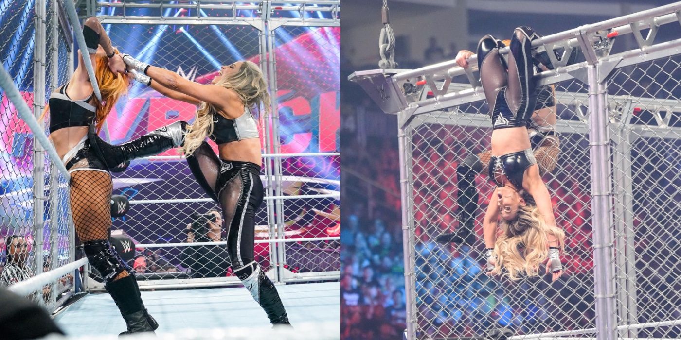 trish stratus tying becky lynch up in the ropes and hanging from a steel cage