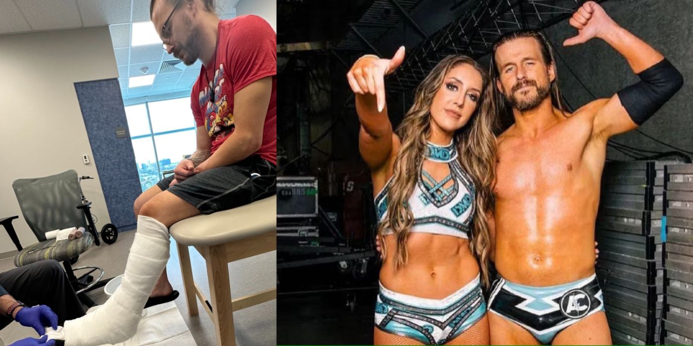 adam cole getting his leg plastered, and britt baker and adam cole posing together