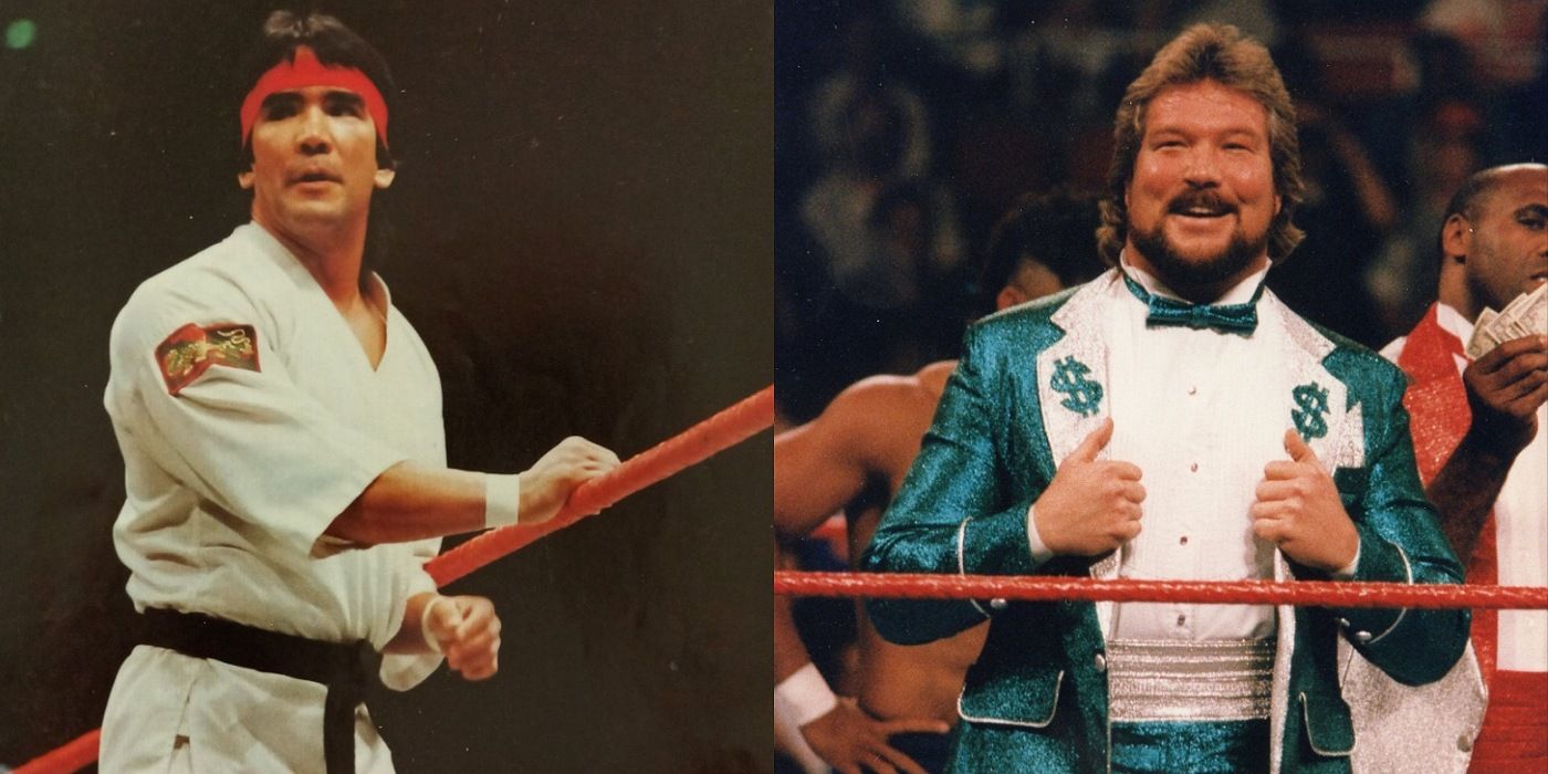 Split screen. Ricky Steamboat wearing his entrance attire. Ted DiBiase wearing his entrance attire.