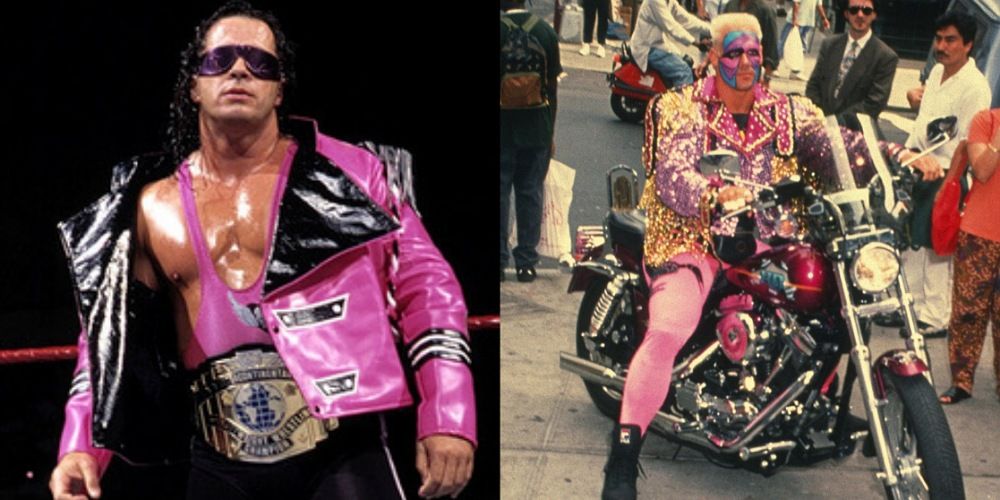 Bret Hart wearing his entrance jacket. Sting on a motor cycle wearing his entrance gear.