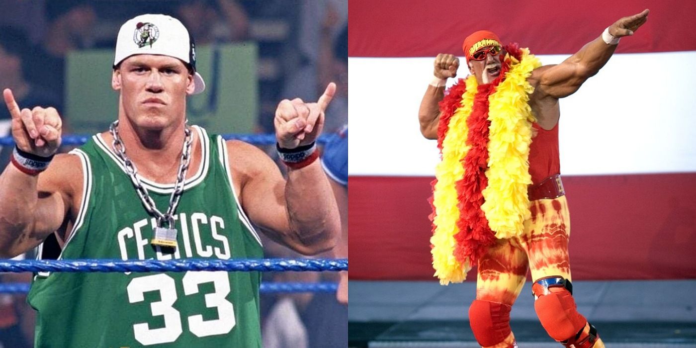 John Cena wearing a throwback jersey. Hulk Hogan posing. 
