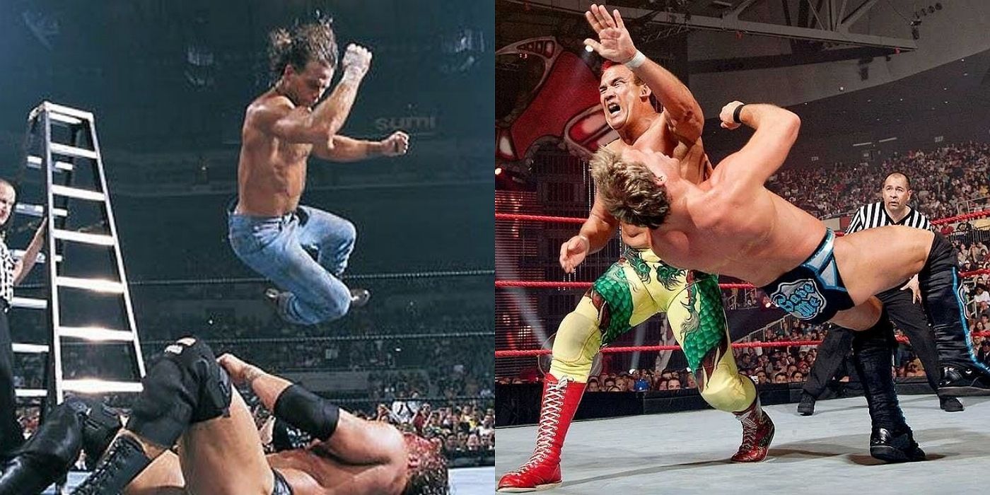 Shawn Michaels hitting an Elbow Drop. Ricky Steamboat dropping Chris Jericho.
