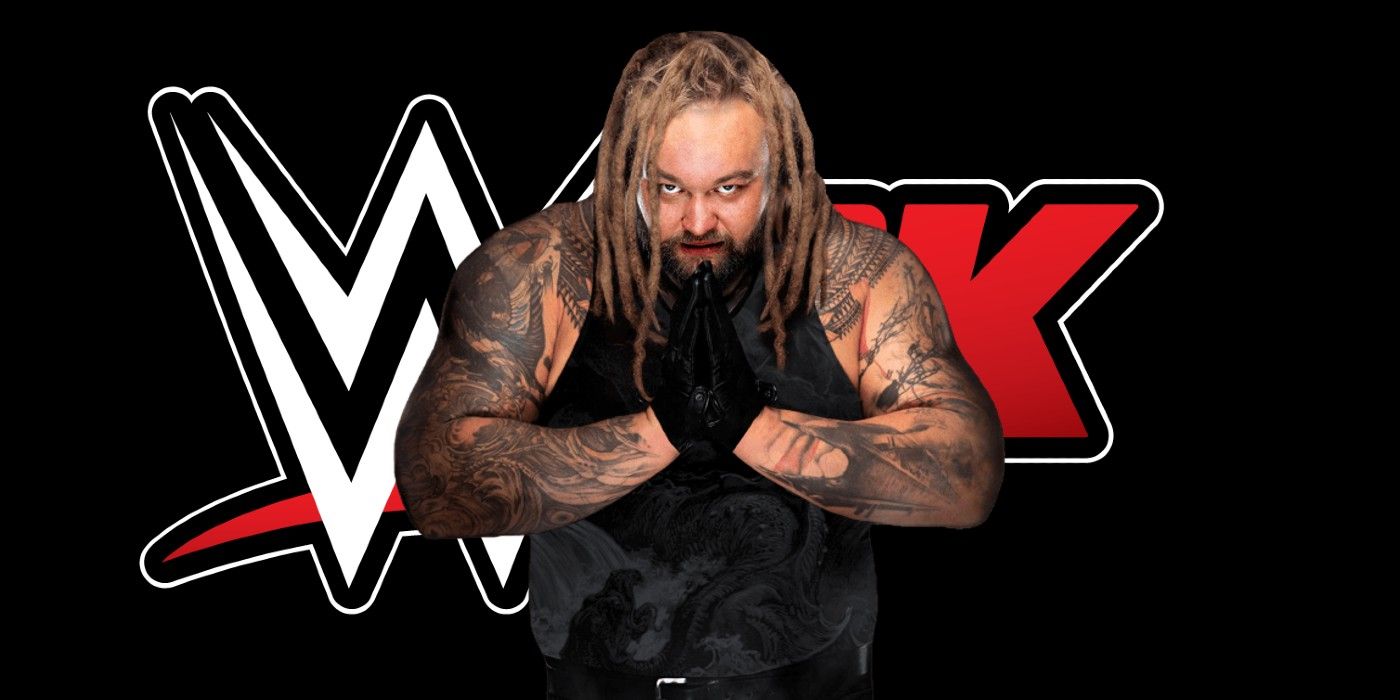 bray wyatt with his hands together on the wwe 2k logo