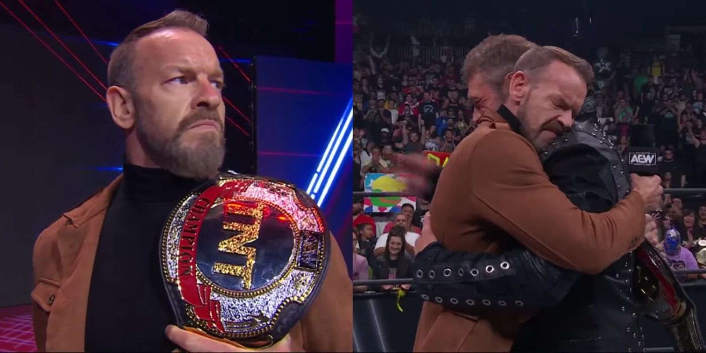 christian holding the tnt title, and christian hugging edge