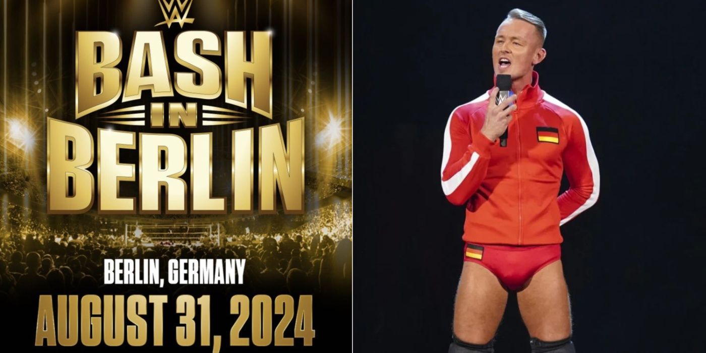 wwe bash in berlin poster and ludwig kaiser on the mic