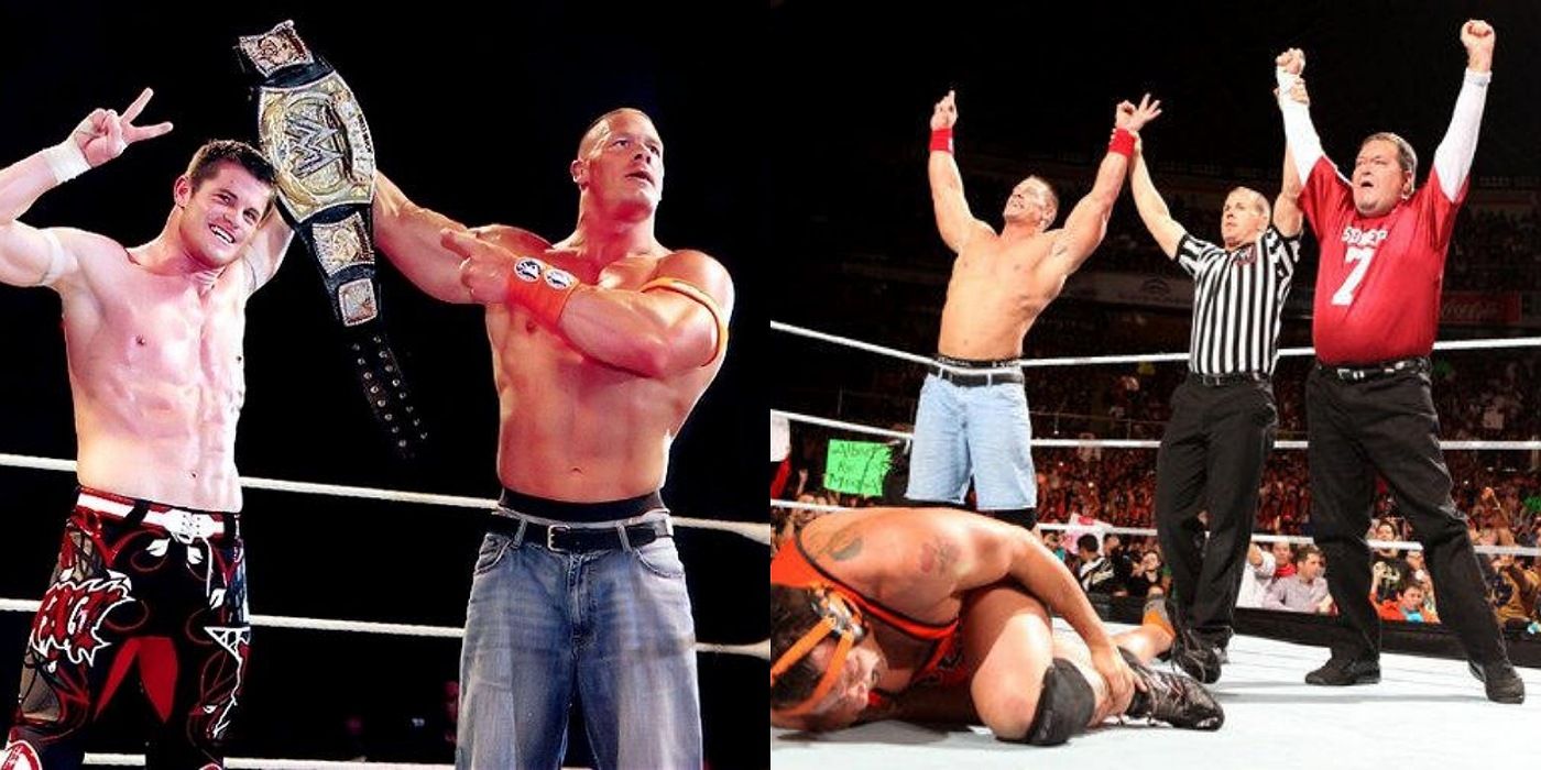 Split screen. John Cena and Evan Bourne after a win. John Cena and Jim Ross after a win.