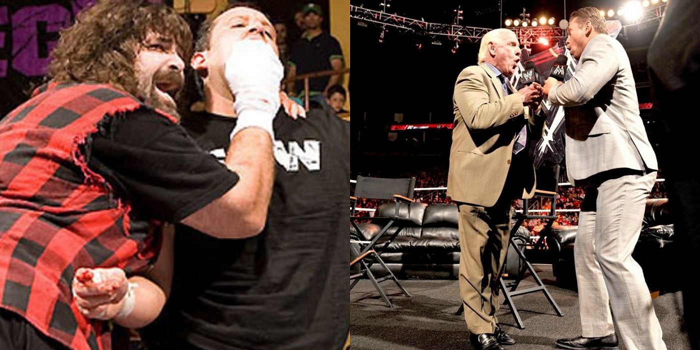 Split screen. Mick Foley with Mr. Socko on Tommy Dreamer. Ric Flair and The Miz wooing.