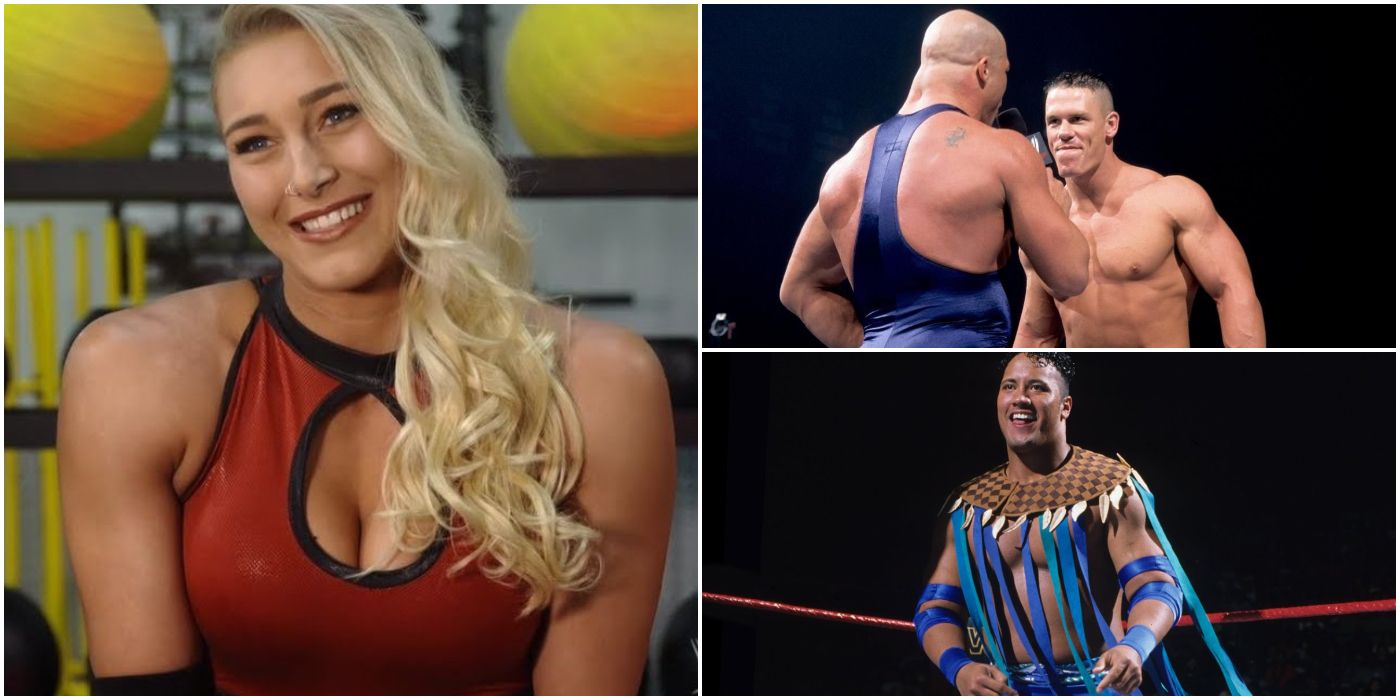 Pictures of Rhea Ripley, John Cena, and The Rock in WWE