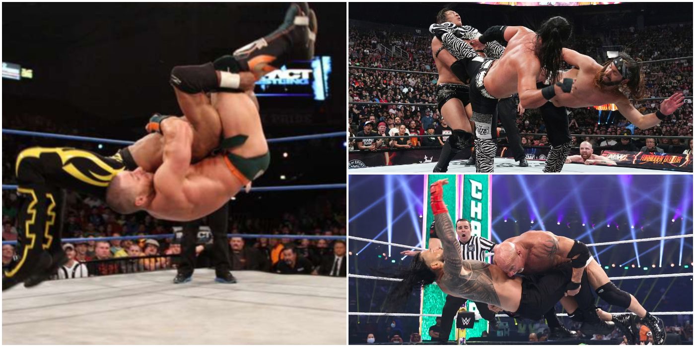 Pictures of wrestlers performing The Canadian Destroyer, The Superkick, and The Spear