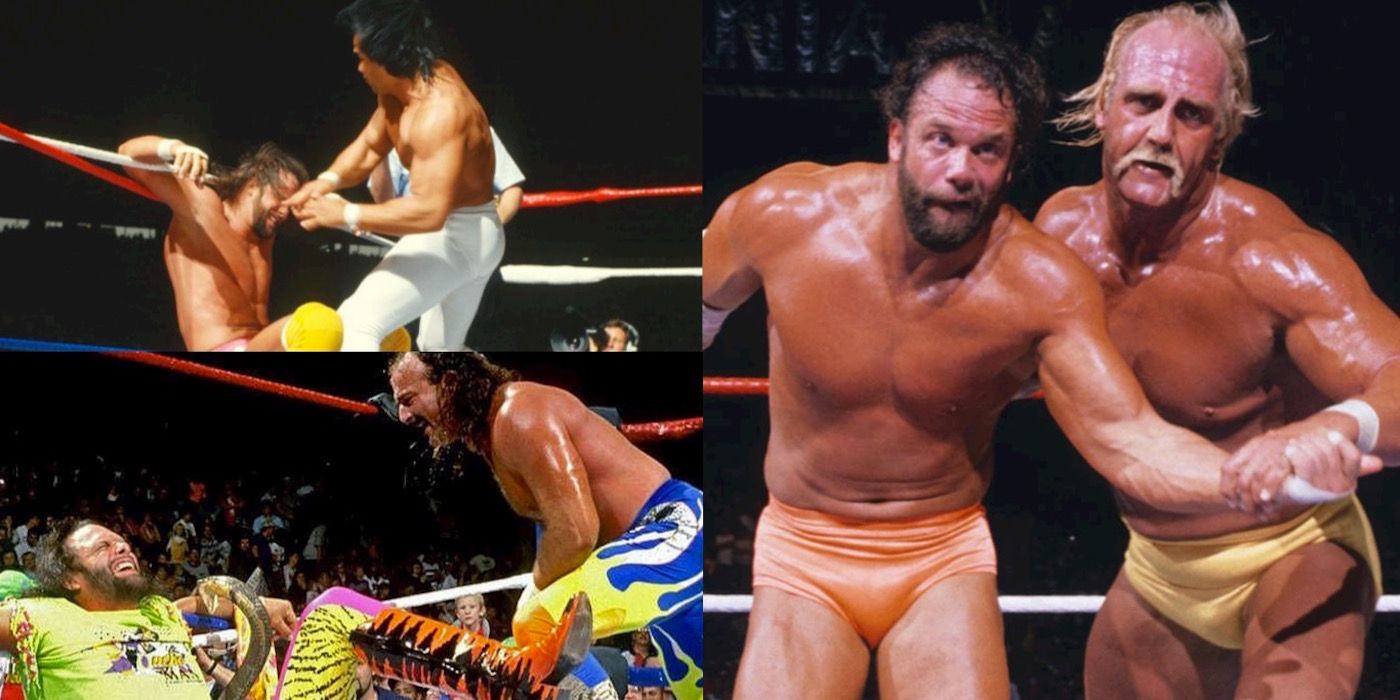 Randy Savage and his rivals: Ricky Steamboat, Jake Roberts, and Hulk Hogan